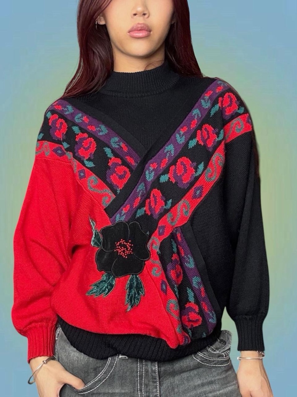 Vintage Black & Red Floral V-Neck Patterned Women’s Sweater